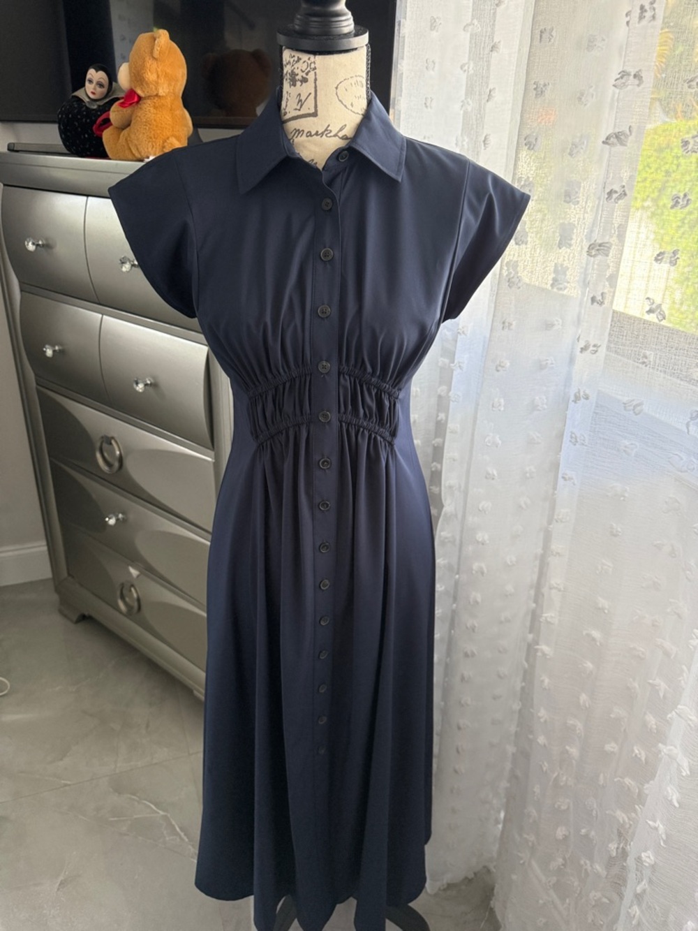 Classic Navy Button-Front Maxi Dress with Gathered Waist